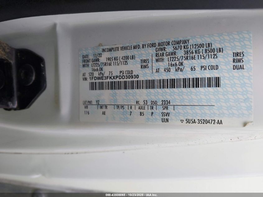 2023 Ford E-350 Cutaway VIN: 1FDWE3FKXPDD30930 Lot: 43508065