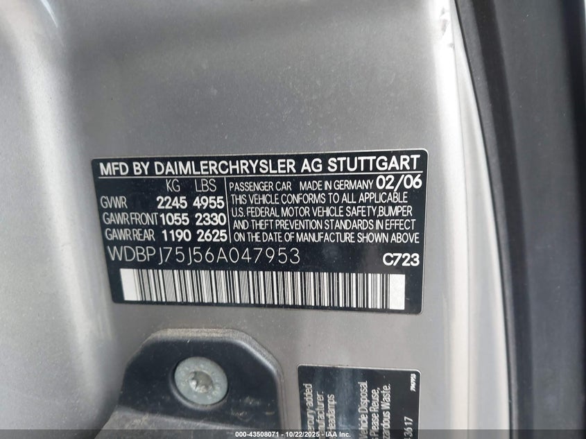 2006 Mercedes-Benz Cl 500 VIN: WDBPJ75J56A047953 Lot: 43508071