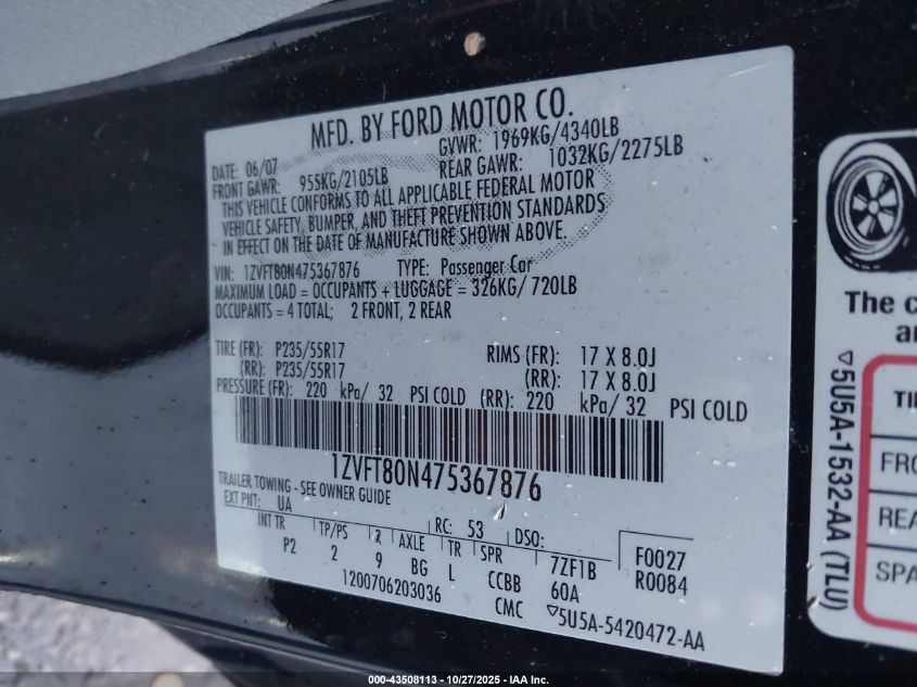 2007 Ford Mustang V6 Deluxe/V6 Premium VIN: 1ZVFT80N475367876 Lot: 43508113