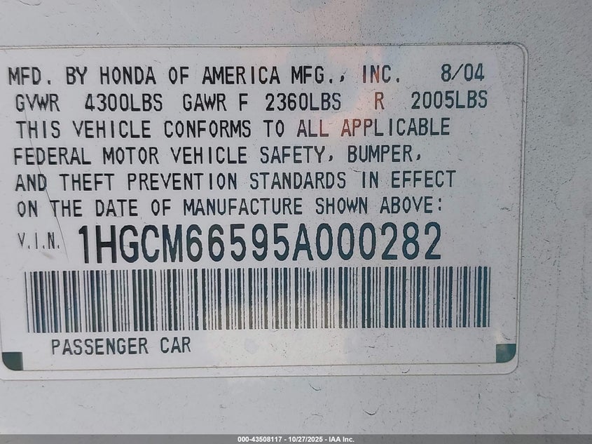1HGCM66595A000282 2005 HONDA ACCORD photo no. 9