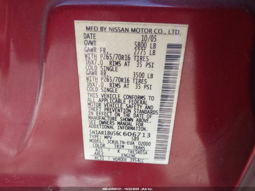 2006 Nissan Pathfinder Se VIN: 5N1AR18U56C606713 Lot: 43508121