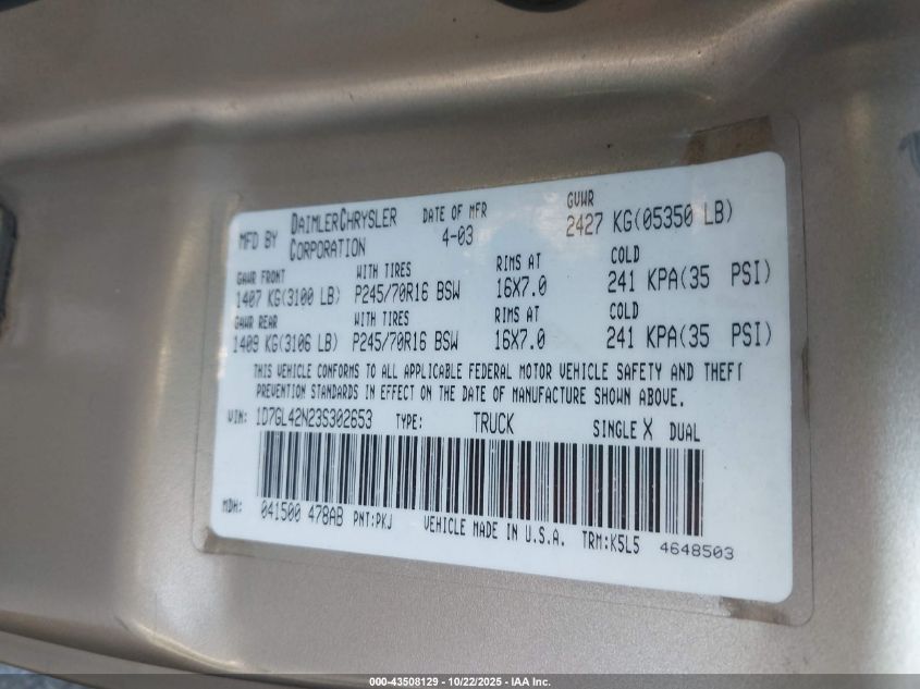 2003 Dodge Dakota Slt VIN: 1D7GL42N23S302653 Lot: 43508129