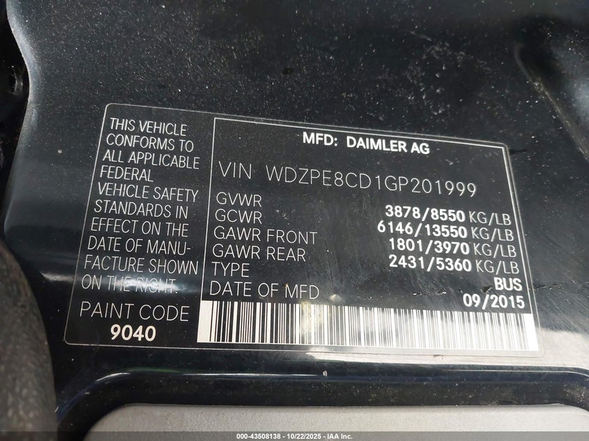 2016 MERCEDES-BENZ SPRINTER 2500 HIGH  ROOF WDZPE8CD1GP201999