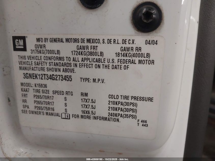 2004 Chevrolet Avalanche 1500 VIN: 3GNEK12T34G273455 Lot: 43508190