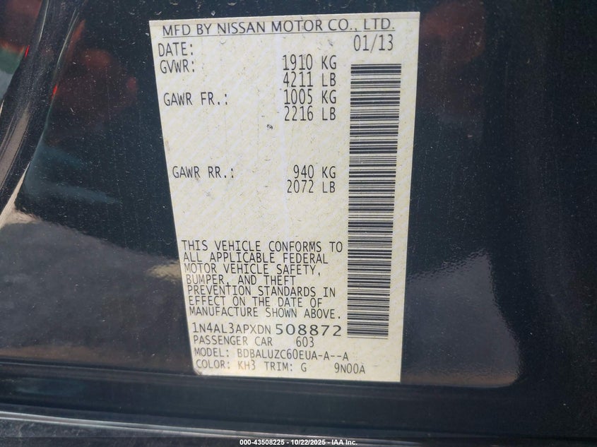 2013 NISSAN ALTIMA 2.5 SV 1N4AL3APXDN508872