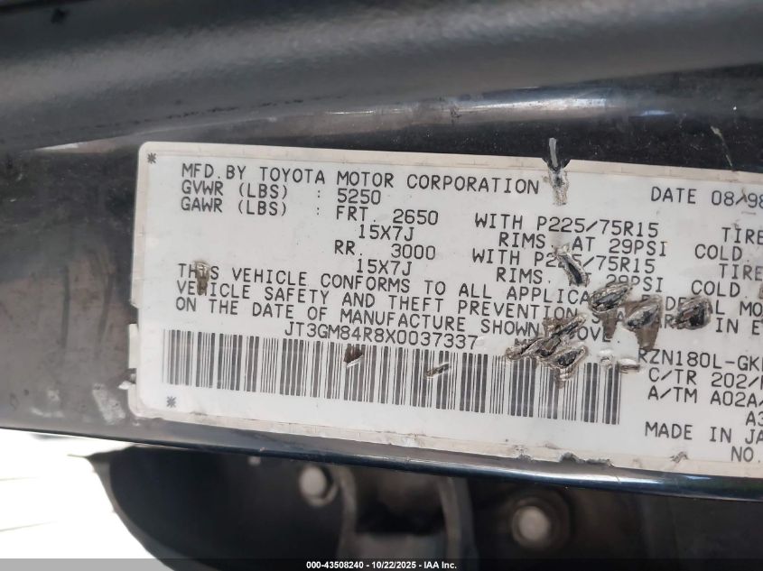 1999 Toyota 4Runner VIN: JT3GM84R8X0037337 Lot: 43508240