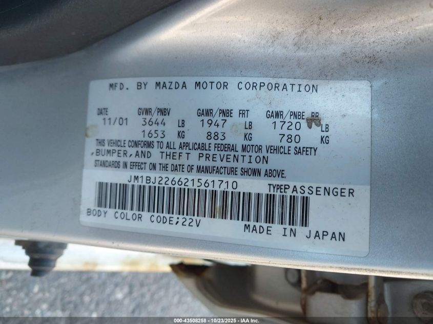 2002 Mazda Protege Dx/Es/Lx VIN: JM1BJ226621561710 Lot: 43508258