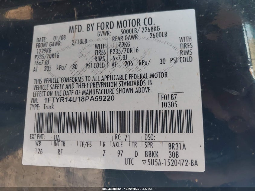 2008 Ford Ranger Sport/Xl/Xlt VIN: 1FTYR14U18PA59220 Lot: 43508261