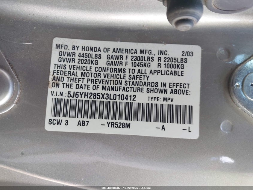 2003 Honda Element Ex VIN: 5J6YH285X3L010412 Lot: 43508287