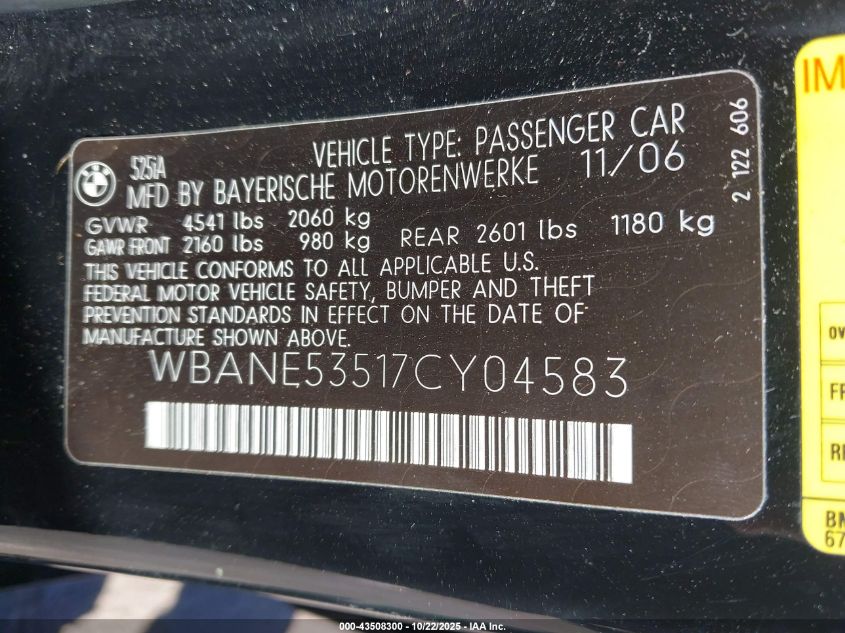 2007 BMW 525I VIN: WBANE53517CY04583 Lot: 43508300