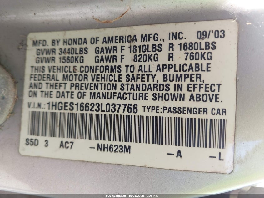 2003 Honda Civic Lx VIN: 1HGES16623L037766 Lot: 43508320