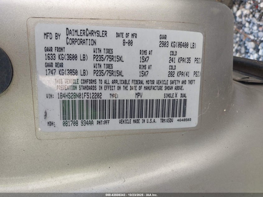 2001 Dodge Durango VIN: 1B4HS28N01F512202 Lot: 43508343