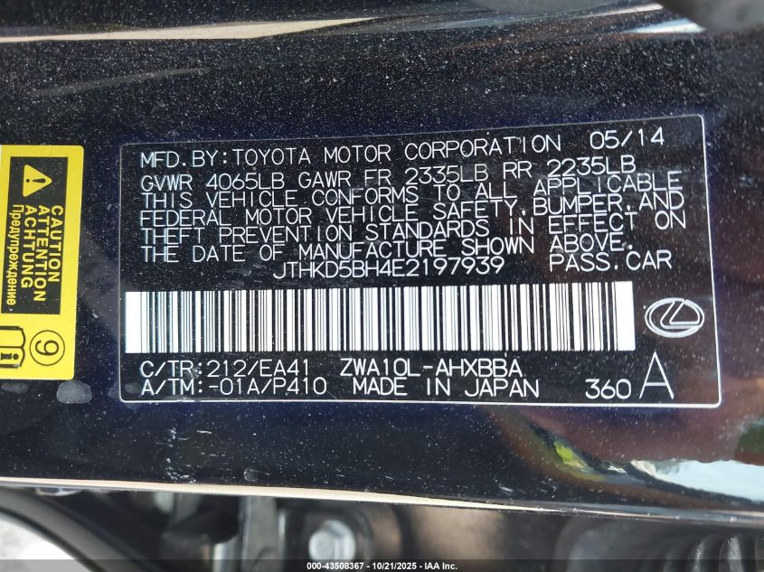 2014 Lexus Ct 200H VIN: JTHKD5BH4E2197939 Lot: 43508367