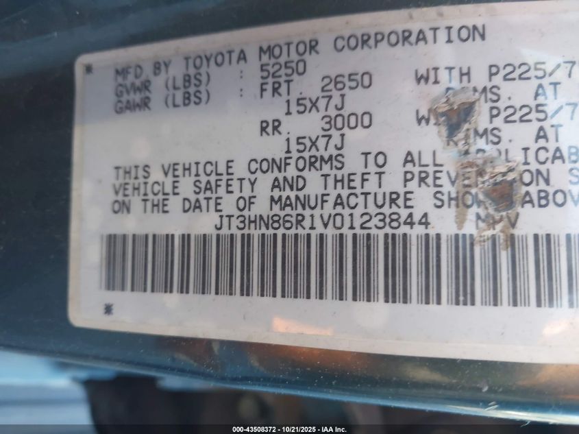 1997 Toyota 4Runner Sr5 V6 VIN: JT3HN86R1V0123844 Lot: 43508372