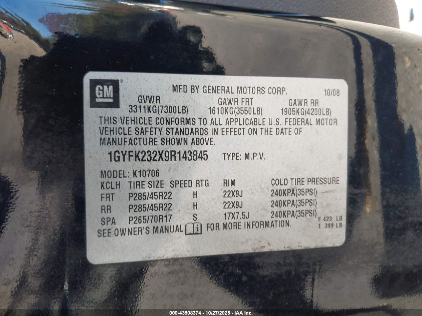 2009 Cadillac Escalade Standard VIN: 1GYFK232X9R143845 Lot: 43508374