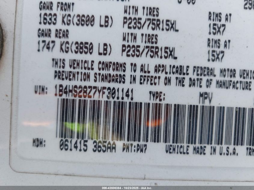 2000 Dodge Durango VIN: 1B4HS28Z7YF301141 Lot: 43508384