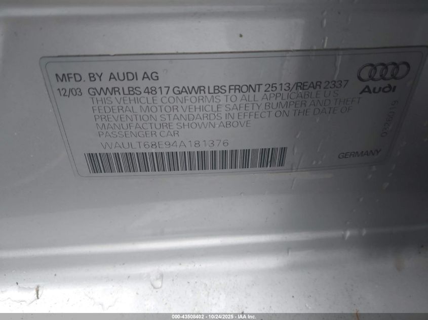 2004 Audi A4 3.0 VIN: WAULT68E94A181376 Lot: 43508402