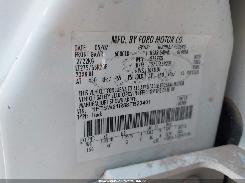 2008 Ford F-250 Fx4/Harley-Davidson/King Ranch/Lariat/Xl/Xlt VIN: 1FTSW21R88EB23401 Lot: 43508441