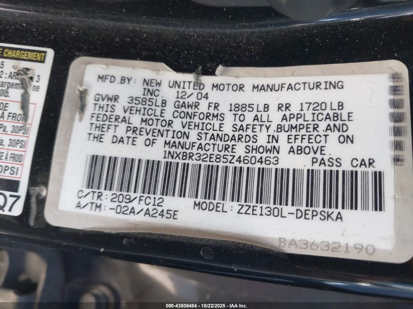 2005 Toyota Corolla S VIN: 1NXBR32E85Z460463 Lot: 43508484