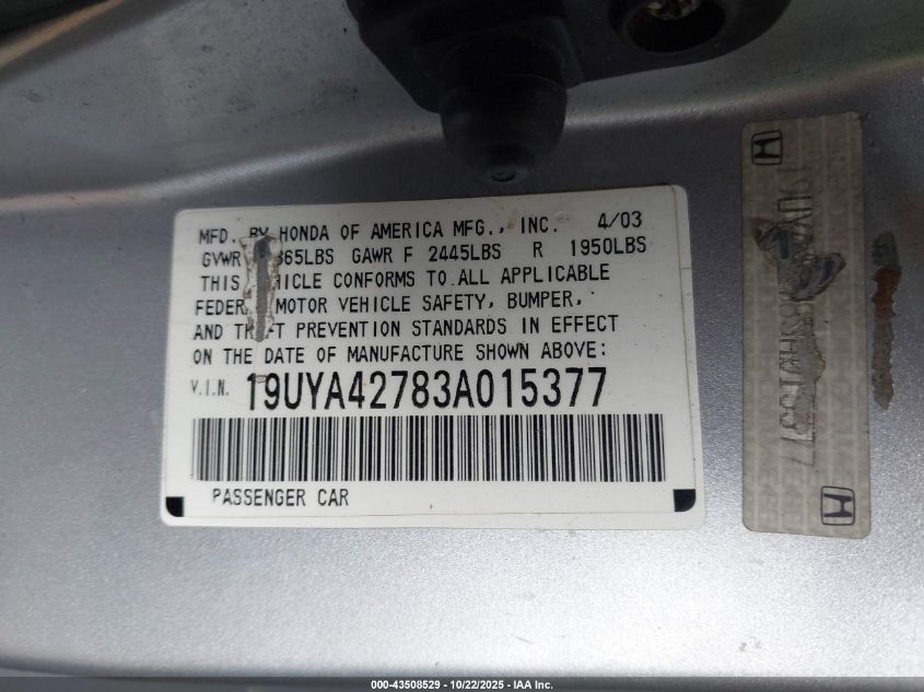 2003 Acura Cl 3.2 Type S VIN: 19UYA42783A015377 Lot: 43508529