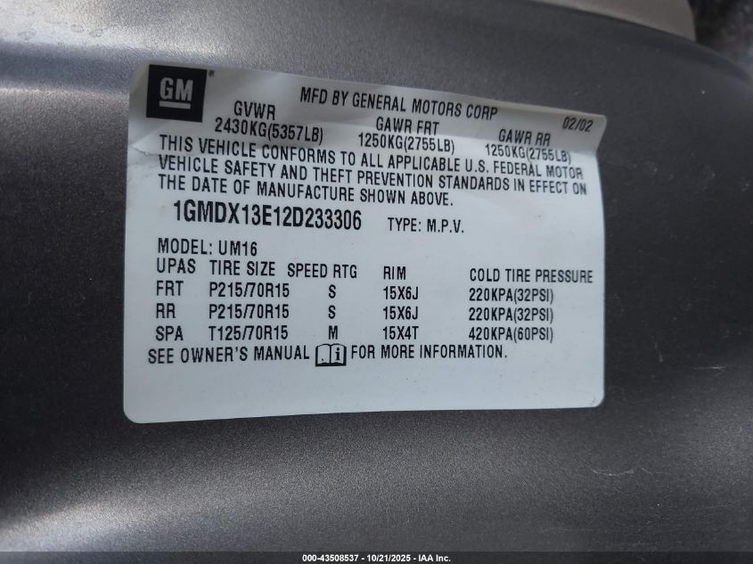 2002 Pontiac Montana M16 W/1Se Pkg. VIN: 1GMDX13E12D233306 Lot: 43508537