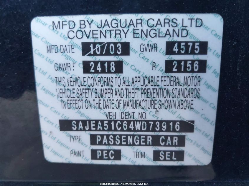 2004 Jaguar X-Type 3.0 VIN: SAJEA51C64WD73916 Lot: 43508565