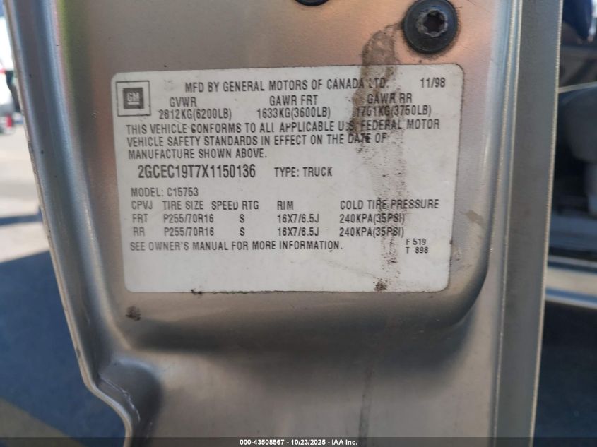 1999 Chevrolet Silverado 1500 Ls VIN: 2GCEC19T7X1150136 Lot: 43508567
