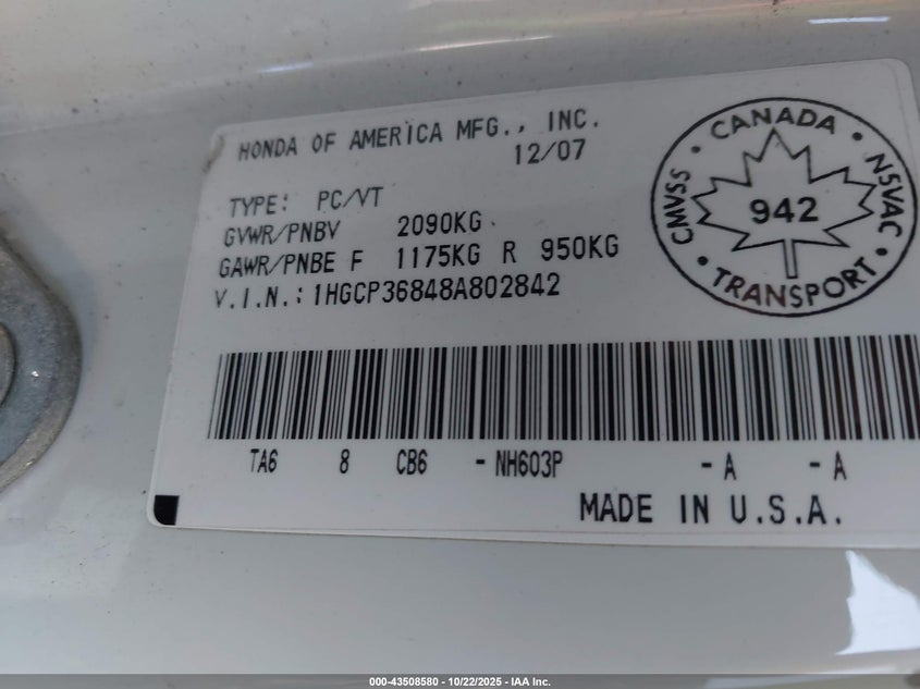 1HGCP36848A802842 2008 HONDA ACCORD photo no. 9