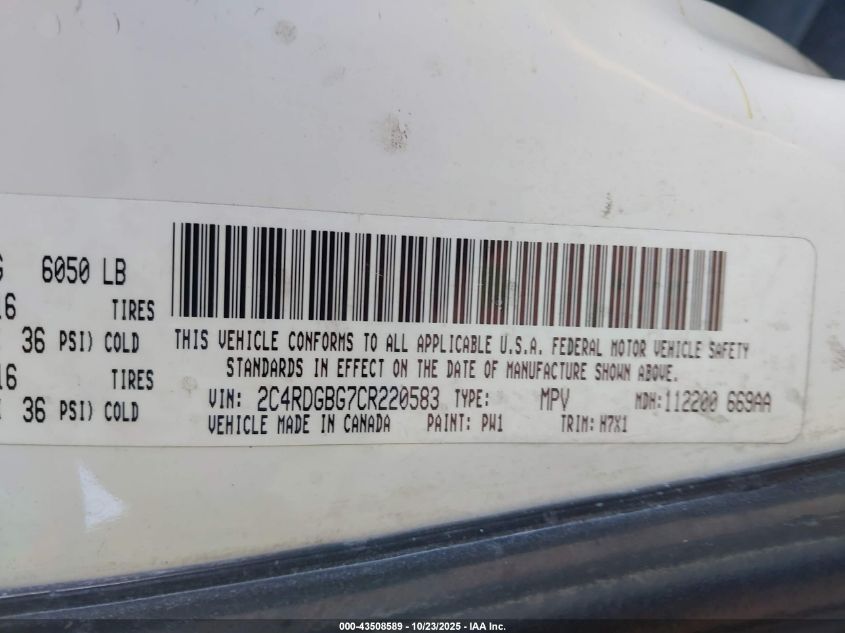 2012 Dodge Grand Caravan Se/Avp VIN: 2C4RDGBG7CR220583 Lot: 43508589