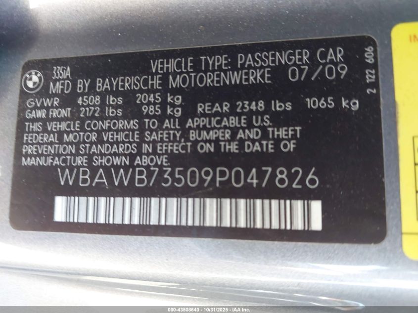2009 BMW 335I VIN: WBAWB73509P047826 Lot: 43508640
