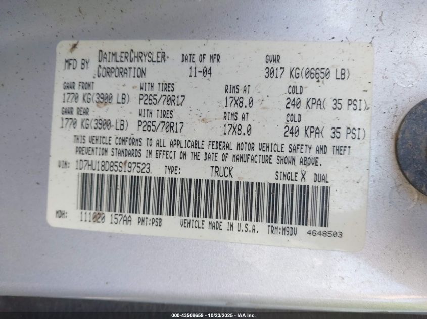 2005 Dodge Ram 1500 Slt/Laramie VIN: 1D7HU18D85S197523 Lot: 43508659