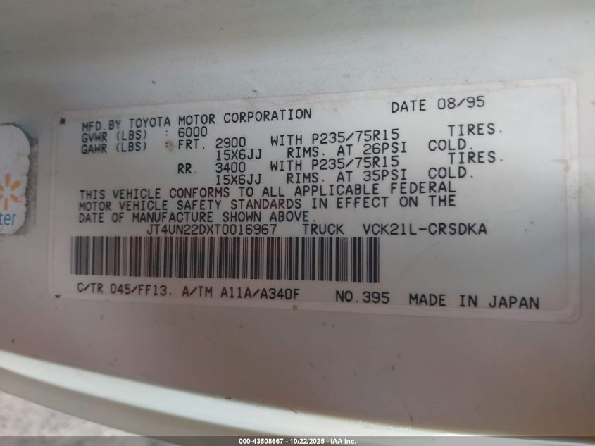 1996 Toyota T100 Xtracab VIN: JT4UN22DXT0016967 Lot: 43508667