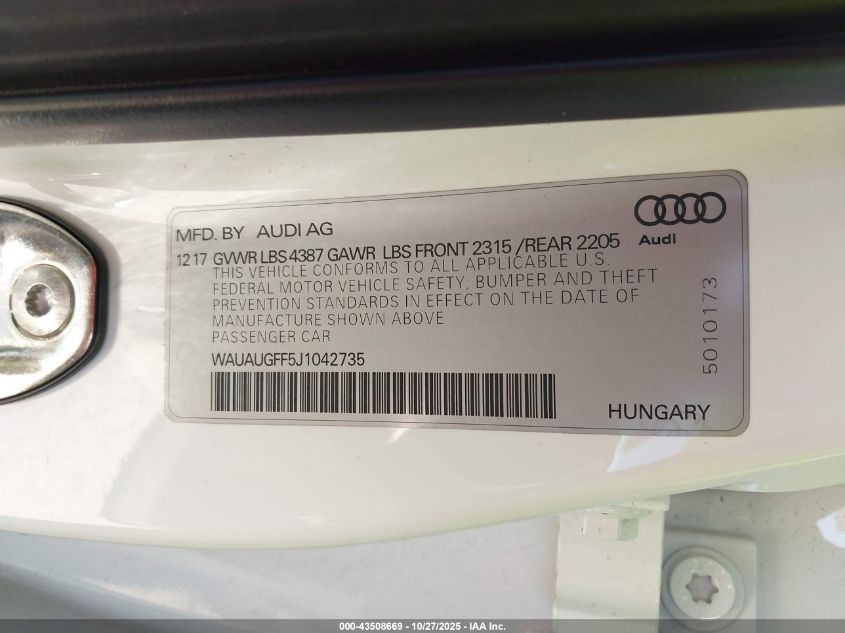 2018 Audi A3 2.0T Premium/2.0T Tech Premium VIN: WAUAUGFF5J1042735 Lot: 43508669