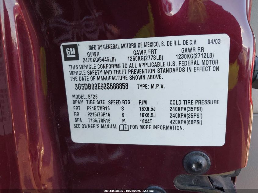 2003 Buick Rendezvous Cx VIN: 3G5DB03E93S588858 Lot: 43508695