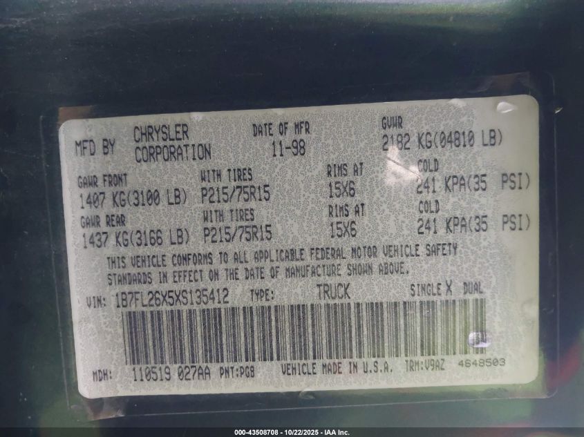 1999 Dodge Dakota Slt/Sport VIN: 1B7FL26X5XS135412 Lot: 43508708