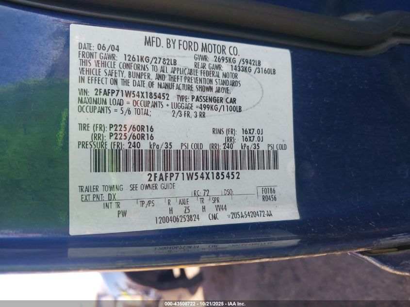2004 Ford Crown Victoria Police VIN: 2FAFP71W54X185452 Lot: 43508722