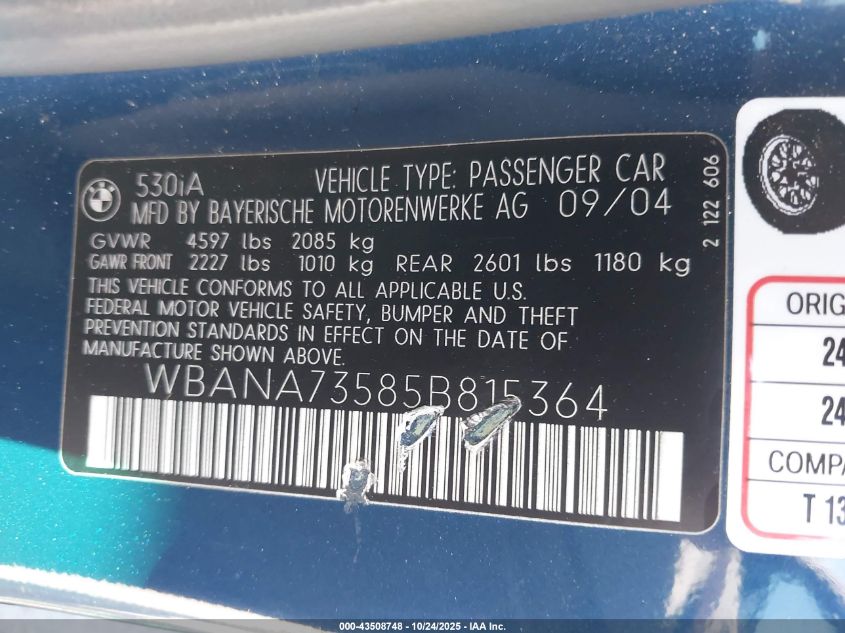 2005 BMW 530I VIN: WBANA73585B815364 Lot: 43508748