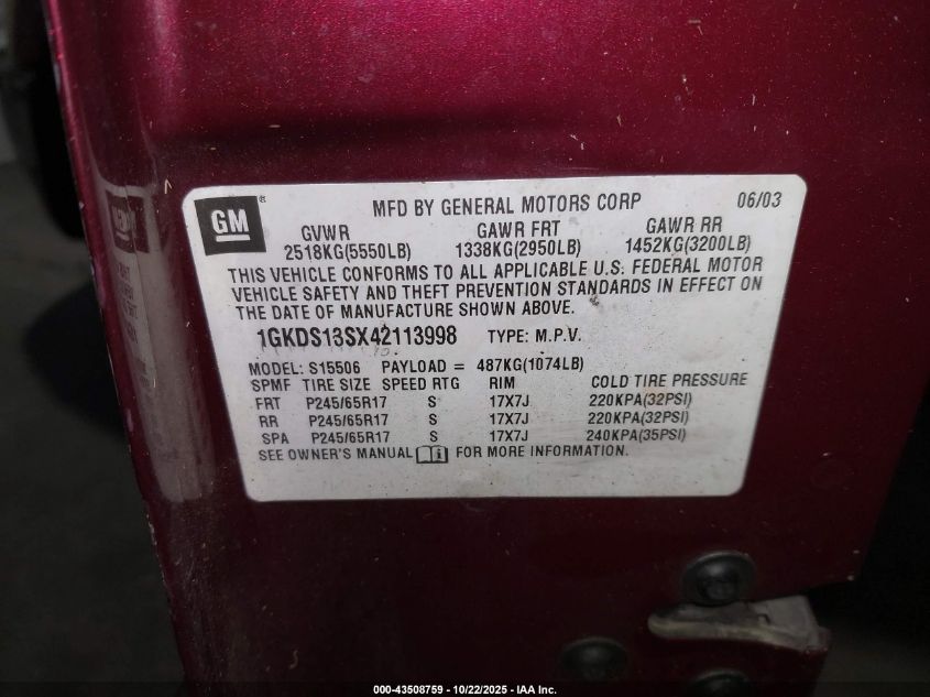 2004 GMC Envoy Sle VIN: 1GKDS13SX42113998 Lot: 43508759