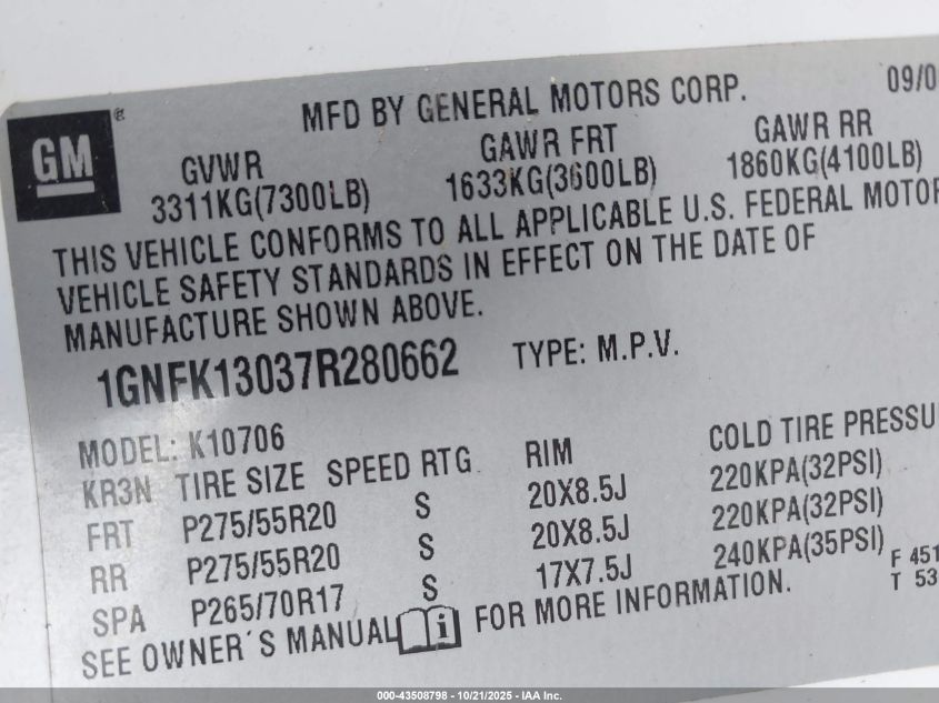 2007 Chevrolet Tahoe Ltz VIN: 1GNFK13037R280662 Lot: 43508798