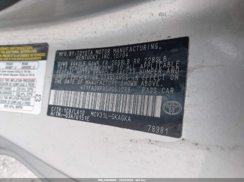 2005 Toyota Camry Solara Sle VIN: 4T1FA38PX5U051088 Lot: 43508805