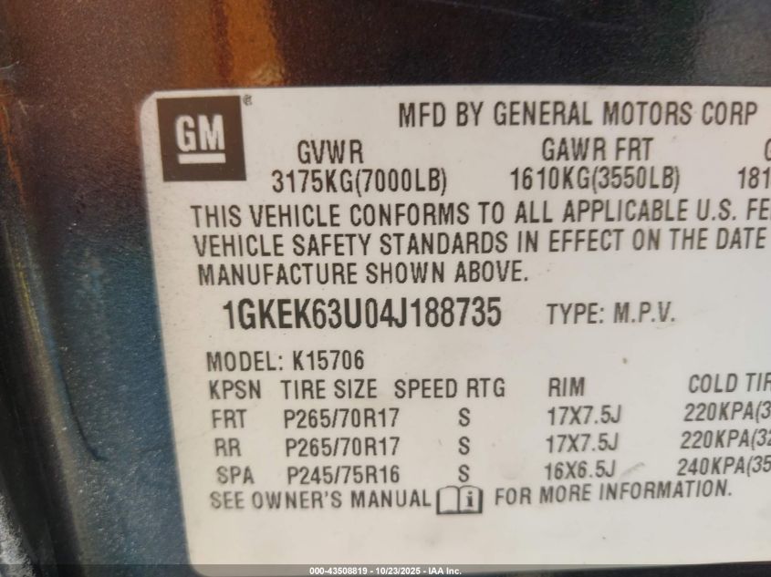 2004 GMC Yukon Denali VIN: 1GKEK63U04J188735 Lot: 43508819