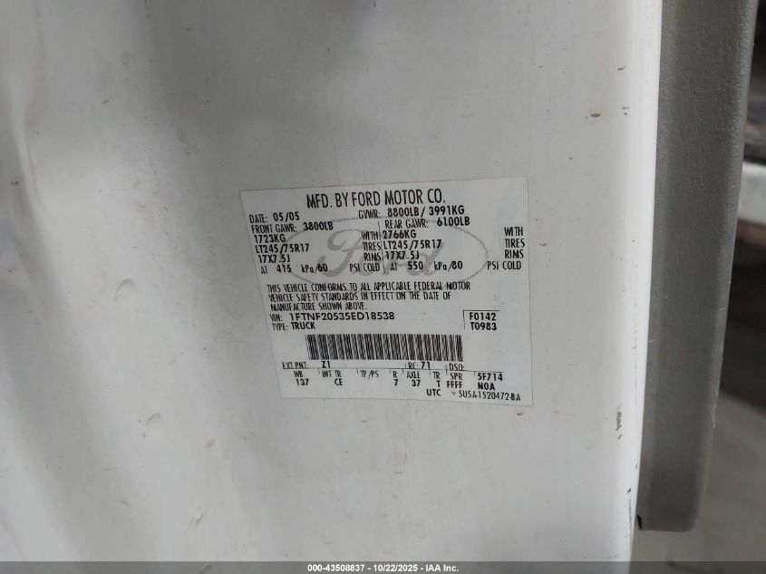2005 Ford F-250 Xl/Xlt VIN: 1FTNF20535ED18538 Lot: 43508837