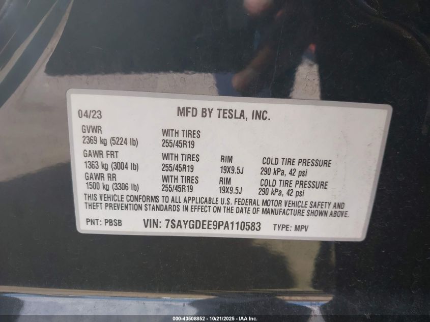 2023 Tesla Model Y Awd/Long Range Dual Motor All-Wheel Drive VIN: 7SAYGDEE9PA110583 Lot: 43508852