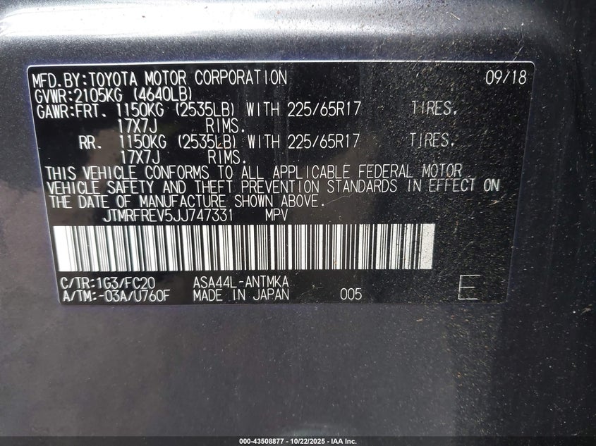 2018 TOYOTA RAV4 XLE JTMRFREV5JJ747331