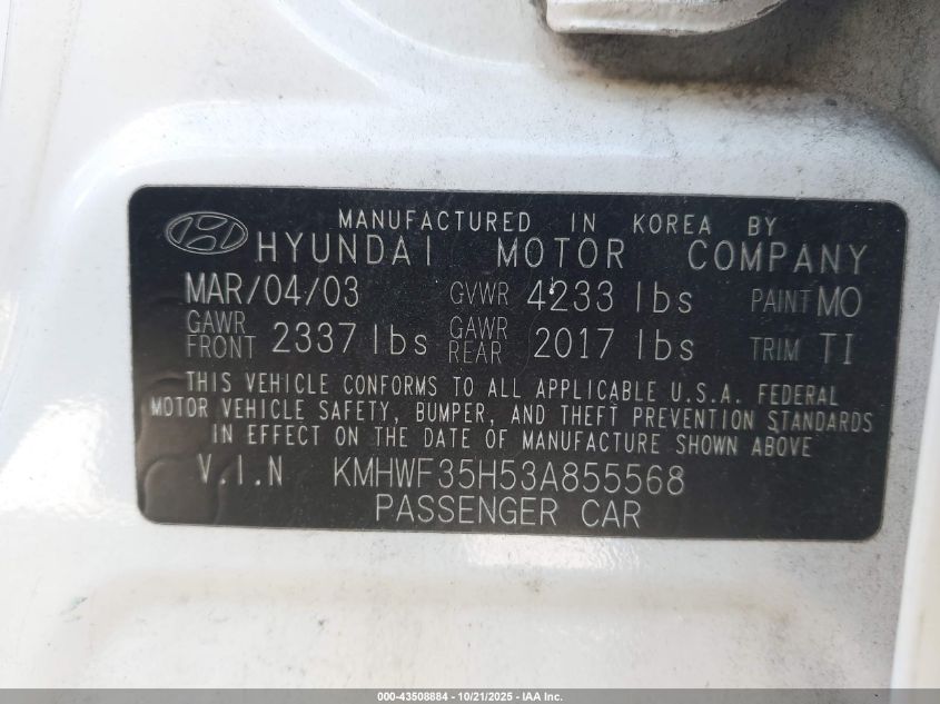 2003 Hyundai Sonata Gls/Lx VIN: KMHWF35H53A855568 Lot: 43508884