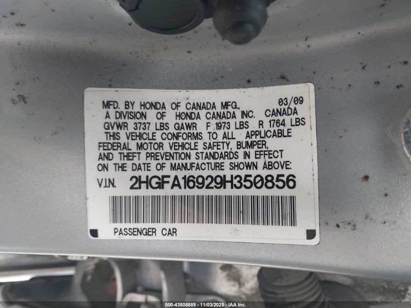 2009 Honda Civic Ex-L VIN: 2HGFA16929H350856 Lot: 43508889