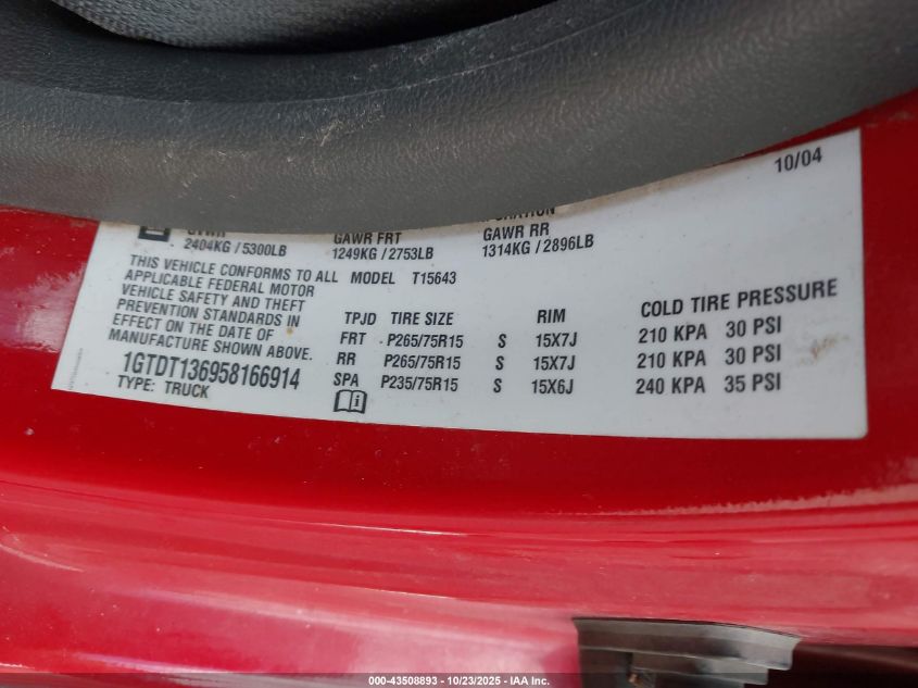 2005 GMC Canyon Sle VIN: 1GTDT136958166914 Lot: 43508893