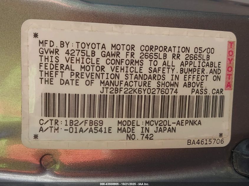 2000 Toyota Camry Le V6 VIN: JT2BF22K6Y0276074 Lot: 43508905