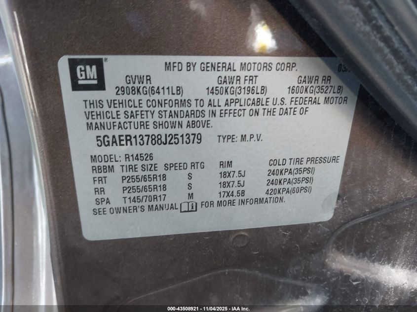 2008 Buick Enclave Cx VIN: 5GAER13788J251379 Lot: 43508921