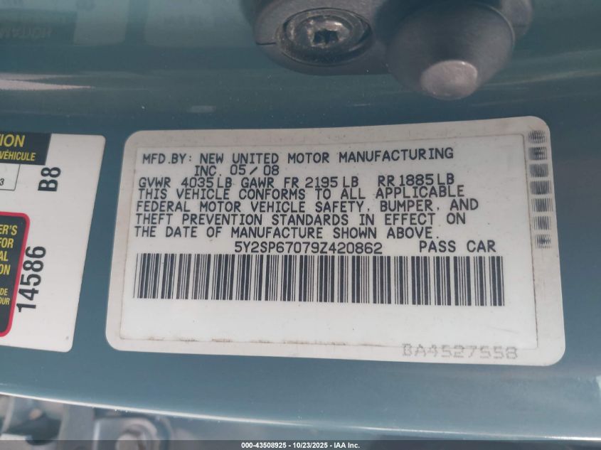 2009 Pontiac Vibe VIN: 5Y2SP67079Z420862 Lot: 43508925